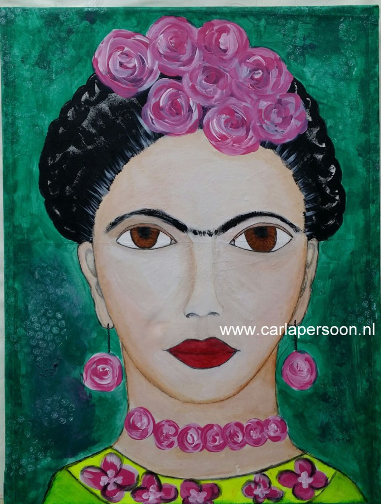 Frida: mixed media made on old paper and added to an old stretched canvas with acrylic paint, pencil, stamps and markers.  
SIZE: 15.75 x 12 x 0.6 inch

